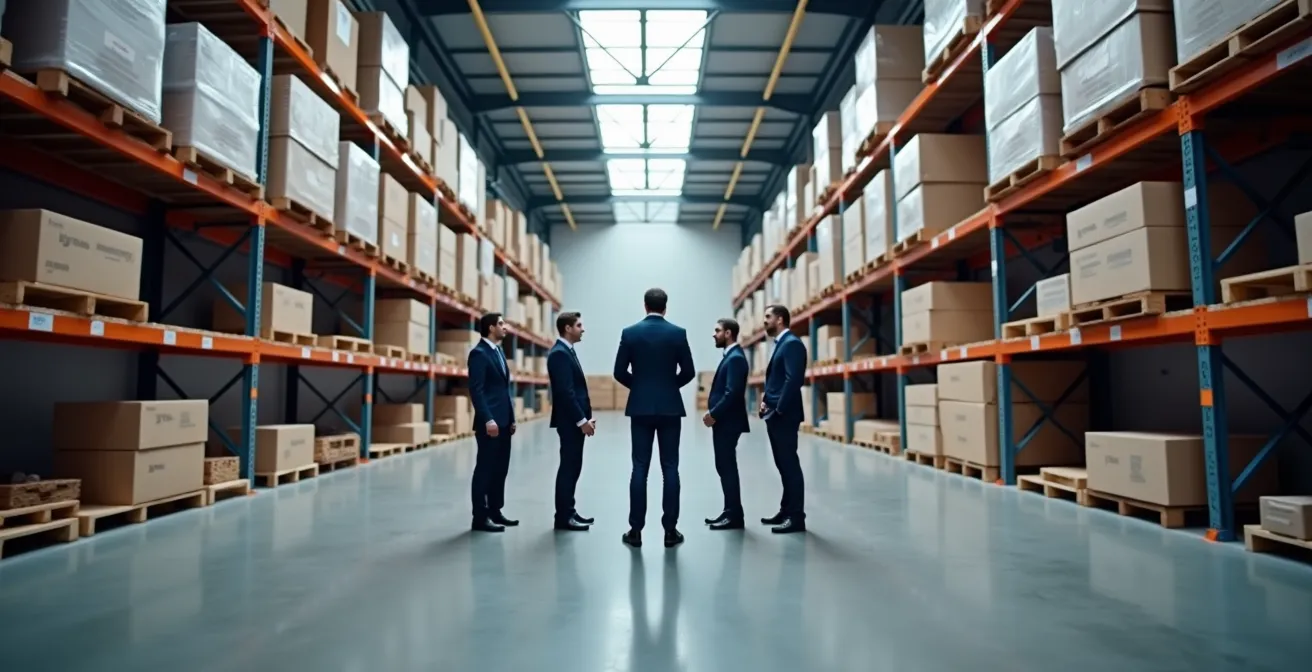 Équipe logistique en réunion dans un espace industriel épuré