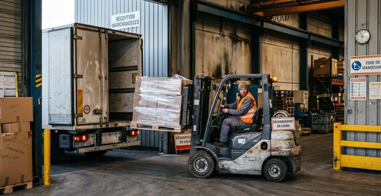 Cariste déchargeant des palettes sur un quai de réception industriel avec camion de livraison en arrière-plan illustrant la synchronisation des approvisionnements en flux tendu