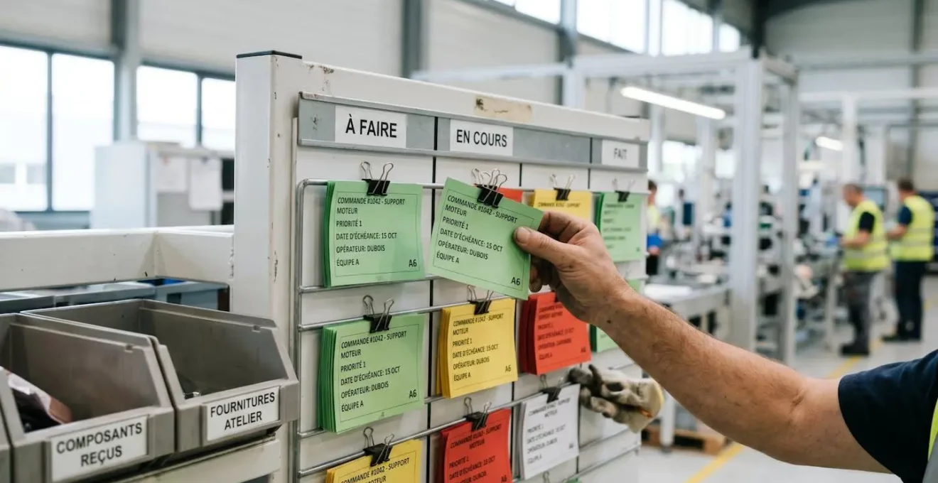 Main d'opérateur déplaçant une carte sur un tableau Kanban physique avec colonnes et bacs étiquetés sur ligne de production
