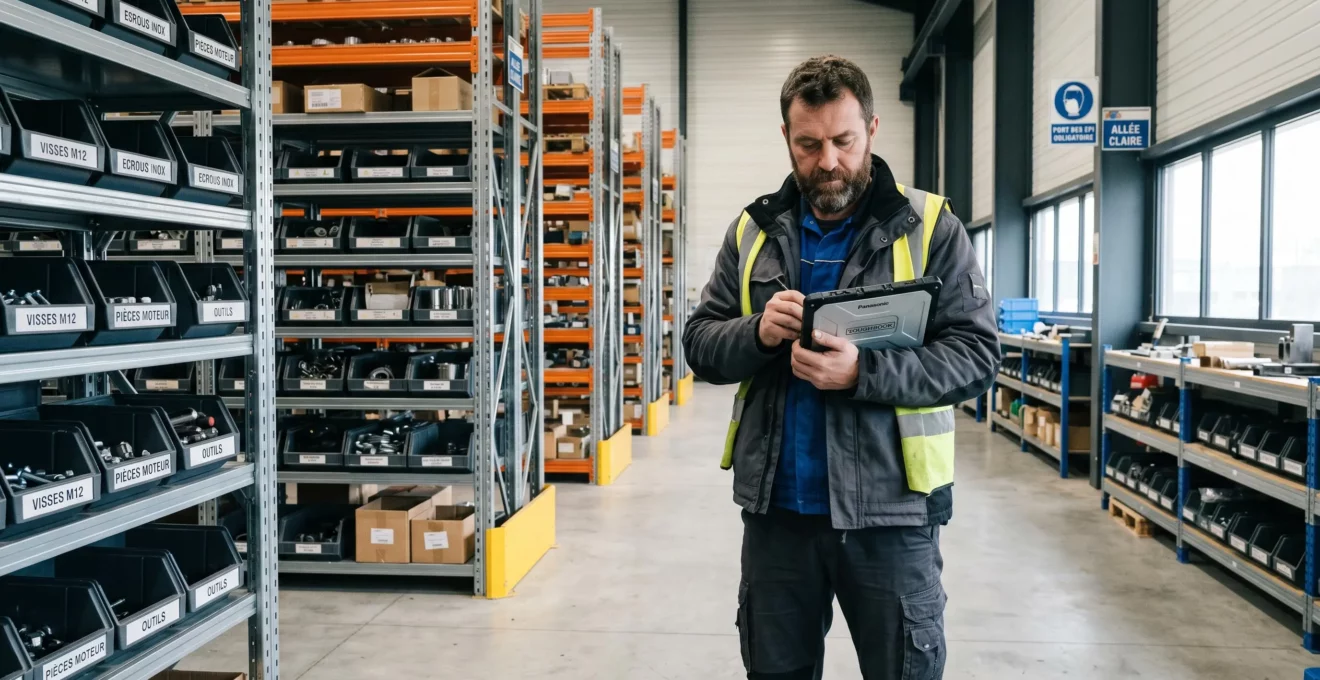 Responsable logistique consultant une tablette de pilotage des stocks dans un entrepôt industriel moderne avec rayonnages organisés en arrière-plan