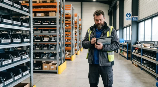 Responsable logistique consultant une tablette de pilotage des stocks dans un entrepôt industriel moderne avec rayonnages organisés en arrière-plan
