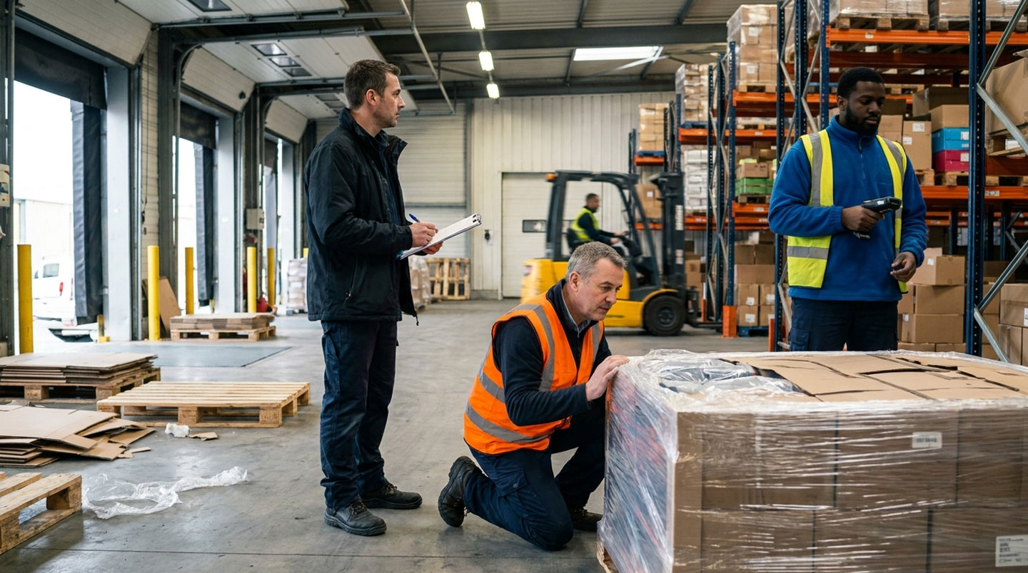 Cariste déchargeant des palettes sur un quai de réception industriel avec camion de livraison en arrière-plan illustrant la synchronisation des approvisionnements en flux tendu
